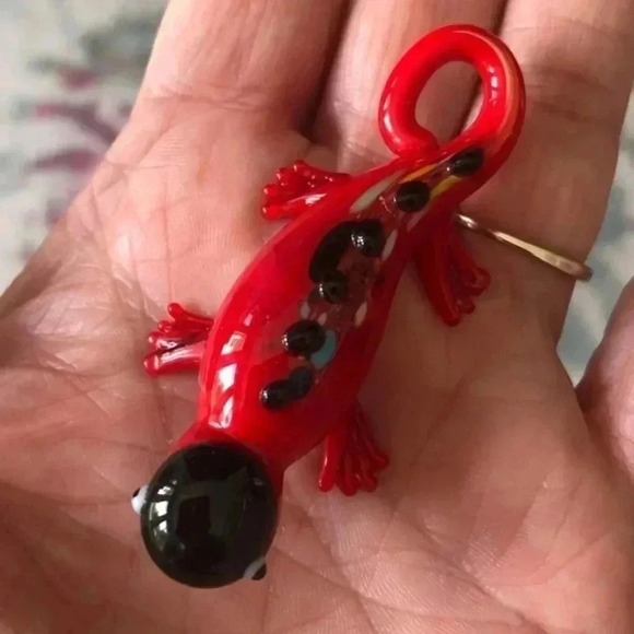 Cute Red Murano Glass Lizard Gecko Necklace Pendant NWT - Picture 2 of 4
